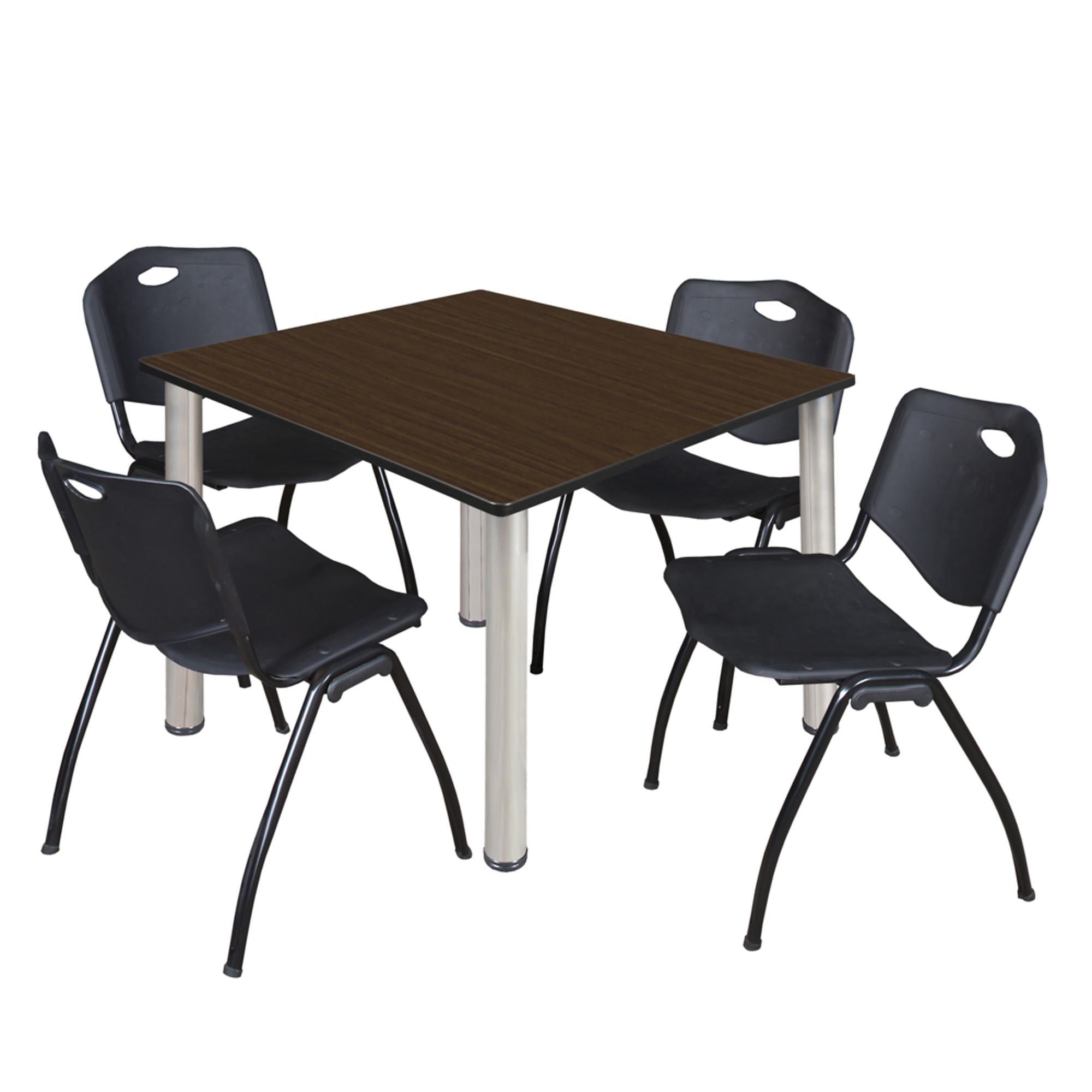 Regency Kee Square Breakroom Table with M Stack Chairs — 48in., Neo Walnut/Chrome, 4 Chairs, Model# TB4848NWBPCM47BK